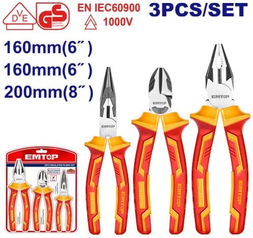 EMTOP 3 Pcs Insulated Pliers Set 8" Insulated Combination Plier 6" Insulated Long Nose Plier 6" Insulated Diagonal Cutting Plier EPLS0331 - Image 2